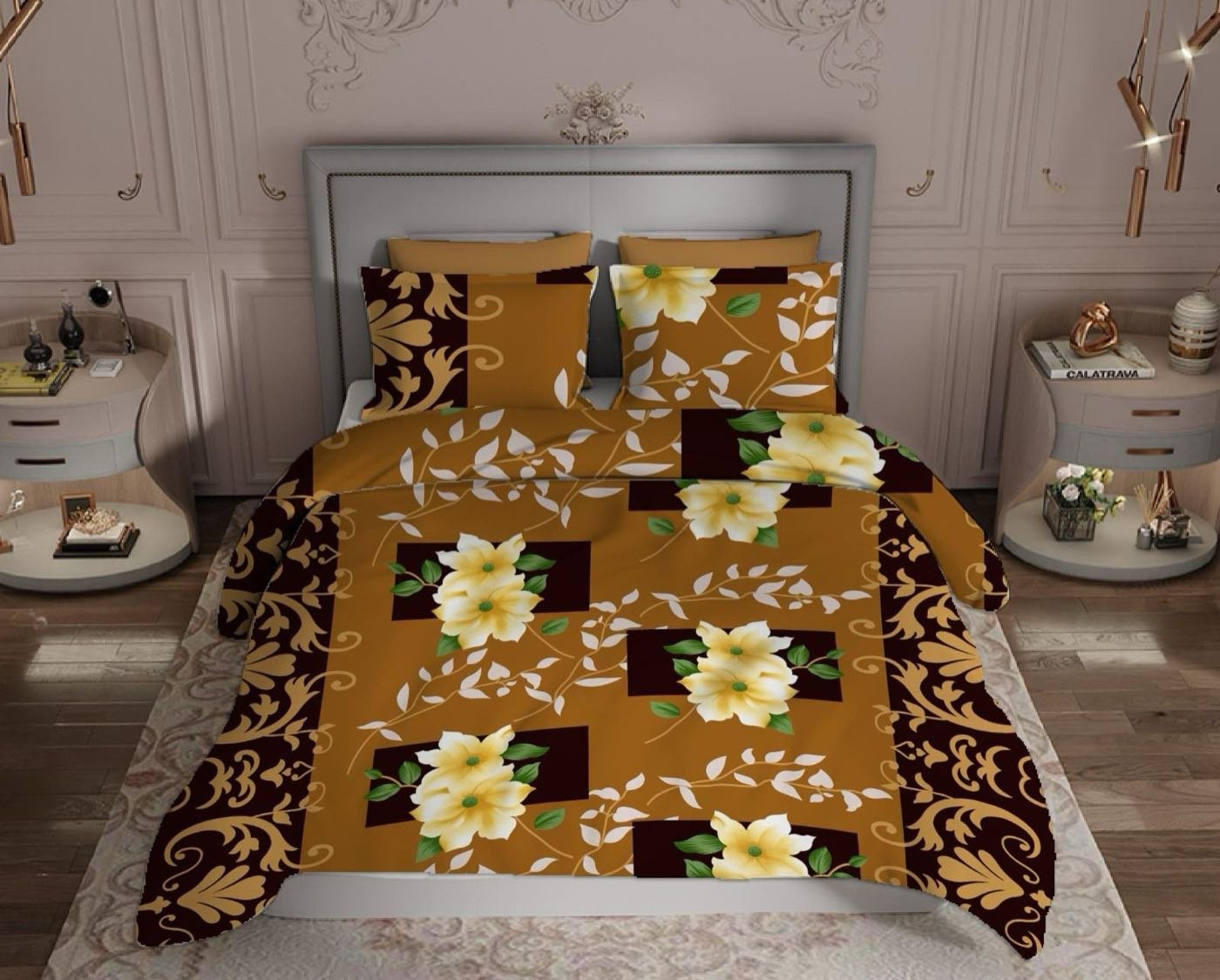 Golden Bloom Cotton Bedsheet Set